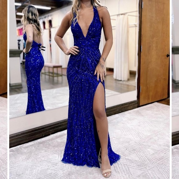 Brand new never worn blue sequined halter prom dress